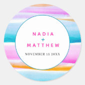 Abstracte tropische strepen roze aqua bruiloft ronde sticker (Voorkant)