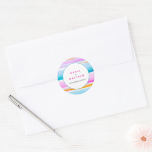 Abstracte tropische strepen roze aqua bruiloft ronde sticker