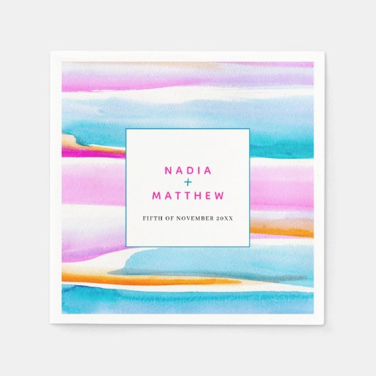Abstracte tropische strepen roze aqua bruiloft servet (Voorkant)