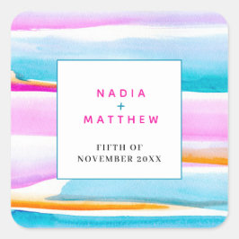 Abstracte tropische strepen roze aqua bruiloft vierkante sticker