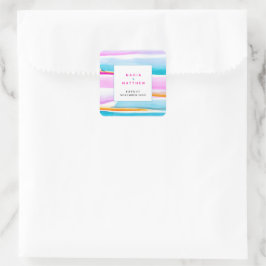 Abstracte tropische strepen roze aqua bruiloft vierkante sticker