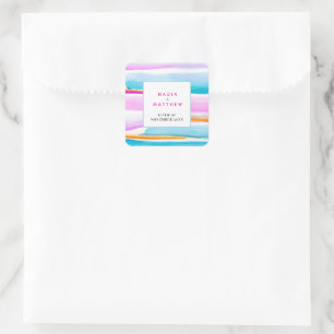 Abstracte tropische strepen roze aqua bruiloft vierkante sticker