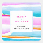 Abstracte tropische strepen roze aqua bruiloft vierkante sticker (Voorkant)