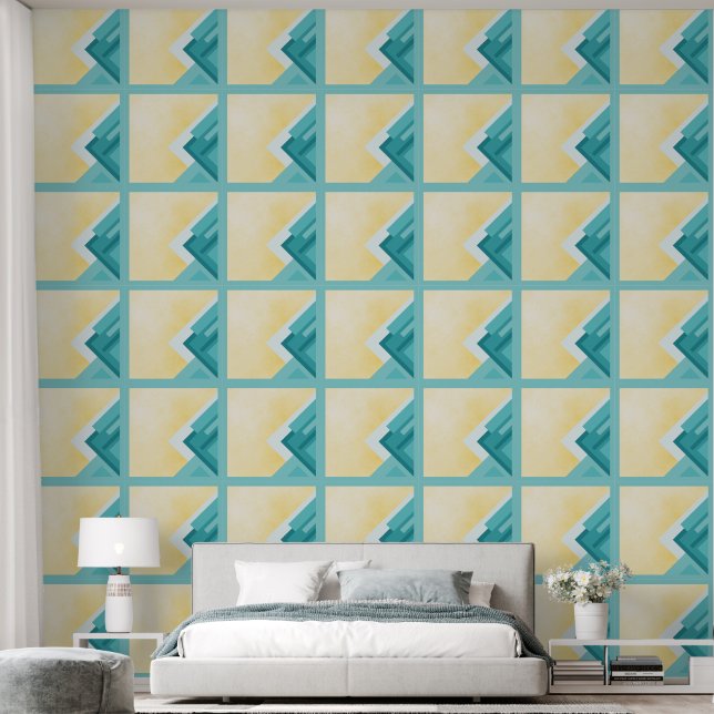 Abstracte turkoois en gele kunst behang (Slaapkamer)