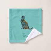 Abstracte Turquoise Blauw & Gouden Kat Bad Handdoek (Wasdoekje)