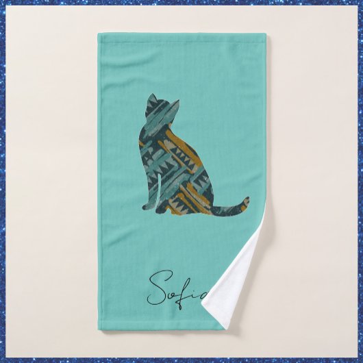 Abstracte Turquoise Blauw & Gouden Kat Bad Handdoek