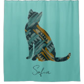 Abstracte Turquoise en Gold Cat Douchegordijn (Voorkant)