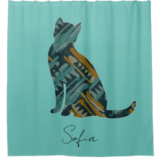 Abstracte Turquoise en Gold Cat Douchegordijn (Voorkant)