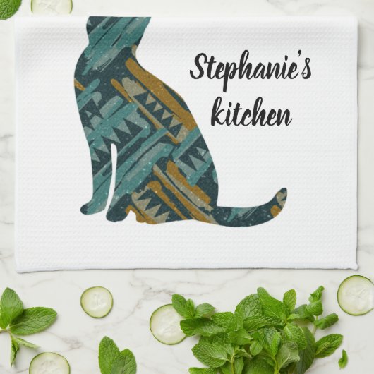 Abstracte Turquoise en Gold Cat Lover Theedoek (Gevouwen)