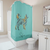 Abstracte Turquoise en Gold Dog Douchegordijn (In situ)