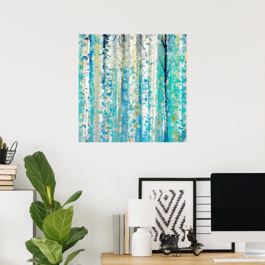 Abstracte Turquoise en Gold Grunge Birch Poster (Thuiskantoor)
