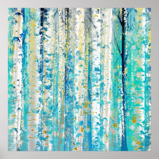 Abstracte Turquoise en Gold Grunge Birch Poster (Voorkant)
