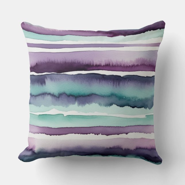 abstracte turquoise en paarse waterverf strepen kussen (Voorkant)