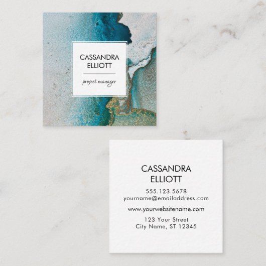 Abstracte turquoise & Gold Alcohol Ink Liquid Art Vierkante Visitekaartje (Voorkant / Achterkant)