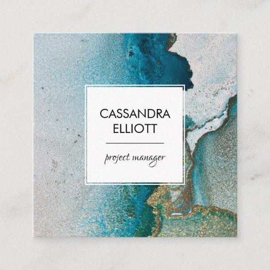 Abstracte turquoise & Gold Alcohol Ink Liquid Art Vierkante Visitekaartje (Voorkant)