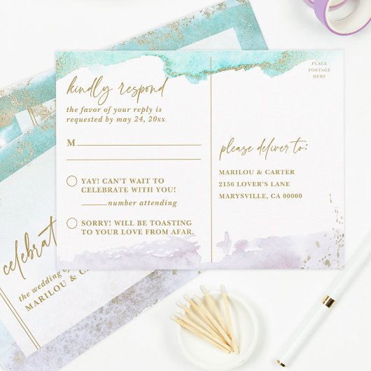 Abstracte Turquoise Lavender Gold Modern Art RSVP Briefkaart