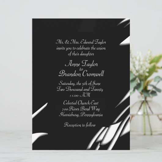Abstracte uitnodiging voor bruiloft in zwart-wit (Staand voorkant)