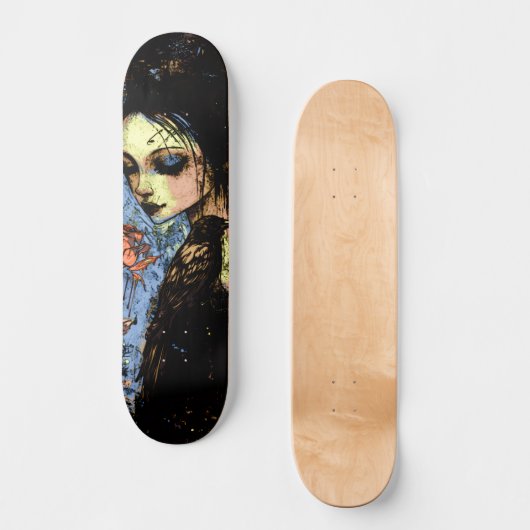 Abstracte Urban Art Gothic Girl Raven Red Rose Persoonlijk Skateboard (Voorkant)