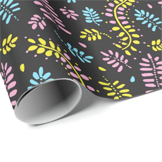 Abstracte varens-geel, roze en blauw op donkergrij cadeaupapier (Rol Hoek)