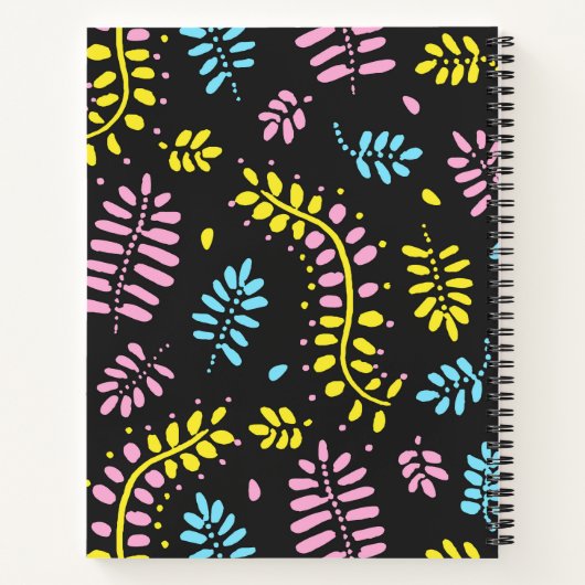 Abstracte varens-geel, roze en blauw op donkergrij notitieboek (Achterkant)