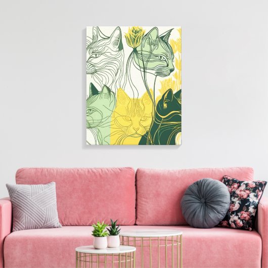 Abstracte vector van de groene en gele "Boho Cats" Canvas Afdruk (Insitu (Woonkamer))