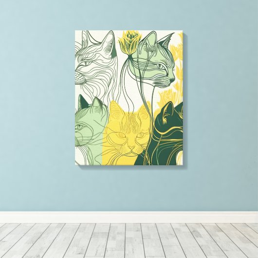 Abstracte vector van de groene en gele "Boho Cats" Canvas Afdruk (Insitu (Houten vloer))