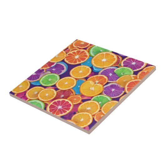 Abstracte veelkleurige citrusschijfjes tegeltje (Zijkant)
