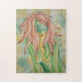 abstracte veelkleurige groene poserende dame retro legpuzzel
