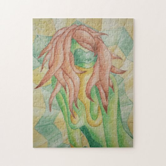 abstracte veelkleurige groene poserende dame retro legpuzzel (Verticaal)