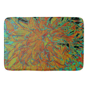Abstracte verbrande oranje en groene dahlia-bloei badmat