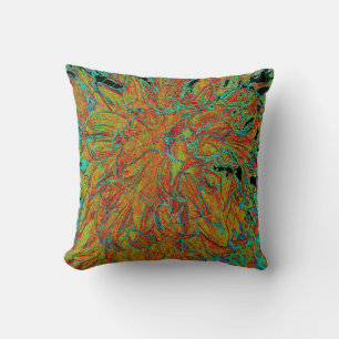 Abstracte verbrande oranje en groene dahlia-bloei kussen
