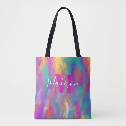Abstracte verf Blauwgroen Geel Paars Roze Monogram Tote Bag (Voorkant)