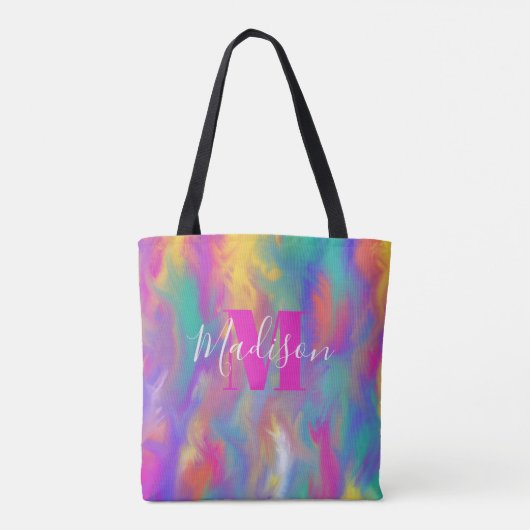 Abstracte verf Blauwgroen Geel Paars Roze Monogram Tote Bag (Achterkant)