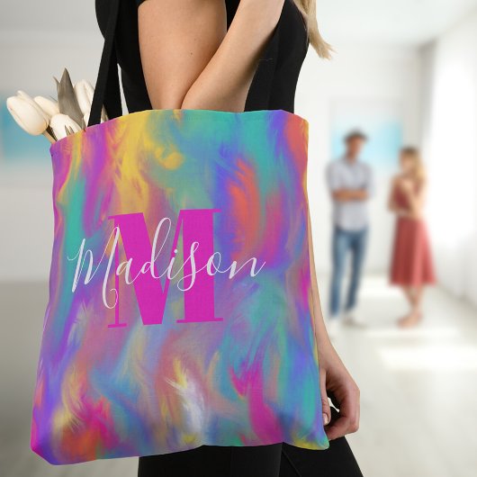 Abstracte verf Blauwgroen Geel Paars Roze Monogram Tote Bag