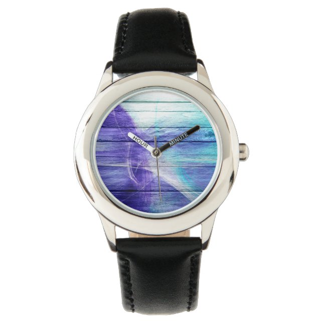 Abstracte verf met blauw hout horloge (Voorkant)