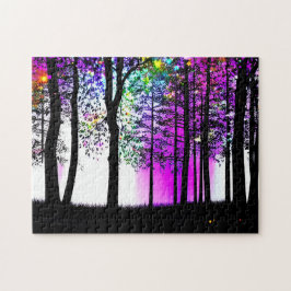 Abstracte verf op zwarte silhouetbomen legpuzzel