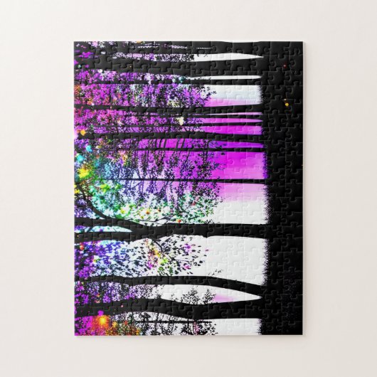 Abstracte verf op zwarte silhouetbomen legpuzzel (Verticaal)