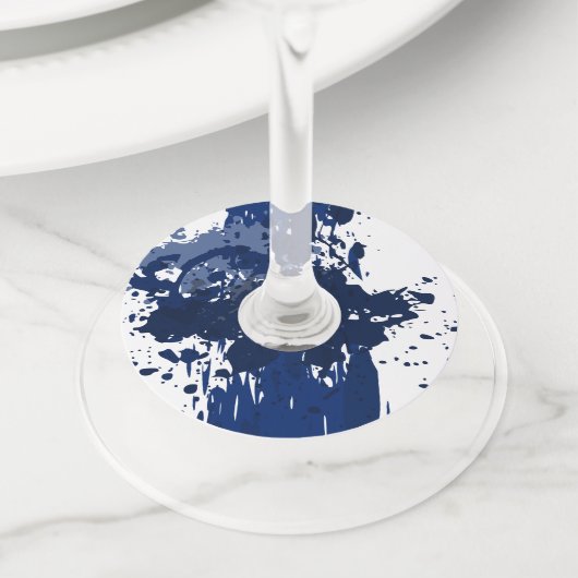 Abstracte verf Splatter Blue Wedding Wijnglaslabel (Dichtbij)