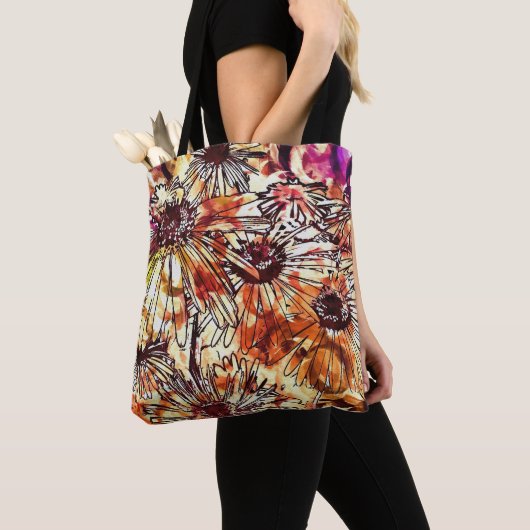 Abstracte verfklodder zonnebloempatroon tote bag (Dichtbij)