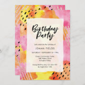 Abstracte verjaardag uitnodiging | Roze en sinaasa (Voorkant / Achterkant)