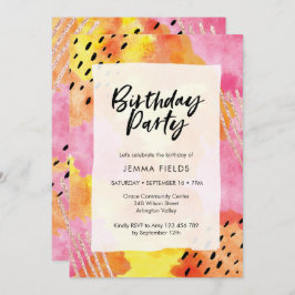 Abstracte verjaardag uitnodiging | Roze en sinaasa