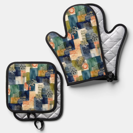 Abstracte vierkante patronen ovenwant & pannenlap set (Voorkant / Achterkant)