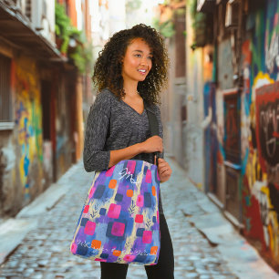 Abstracte vierkanten in blauw en roze met geometri tote bag