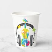Abstracte viool met hoofdtelefoon en muziekkunst papieren bekers (Voorkant)