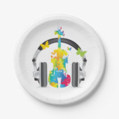 Abstracte viool met hoofdtelefoon en muziekkunst papieren bordje (Voorkant)