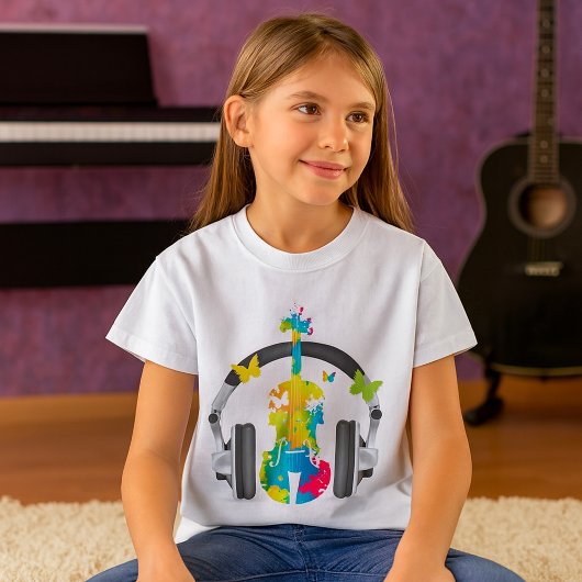 Abstracte viool met hoofdtelefoon en muziekkunst t-shirt