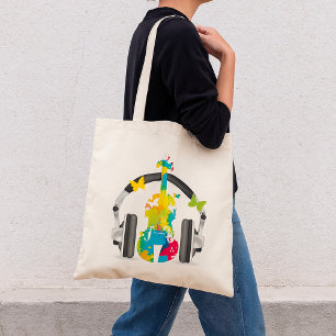 Abstracte viool met hoofdtelefoon en muziekkunst tote bag