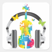 Abstracte viool met hoofdtelefoon en muziekkunst vierkante sticker (Voorkant)