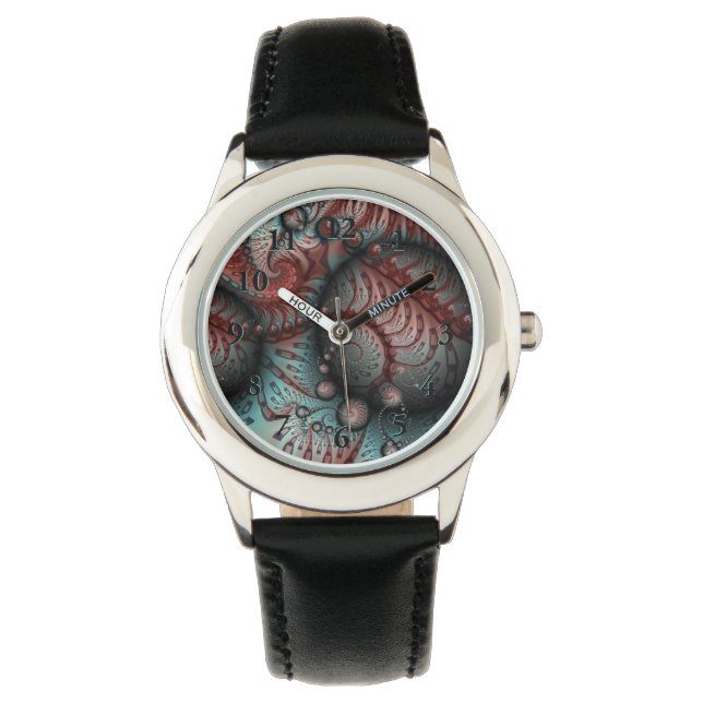 Abstracte Vivid Fantasy Fractal Art Bruin Blauw Horloge (Voorkant)