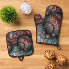 Abstracte Vivid Fantasy Fractal Art Bruin Blauw Ovenwant & Pannenlap Set